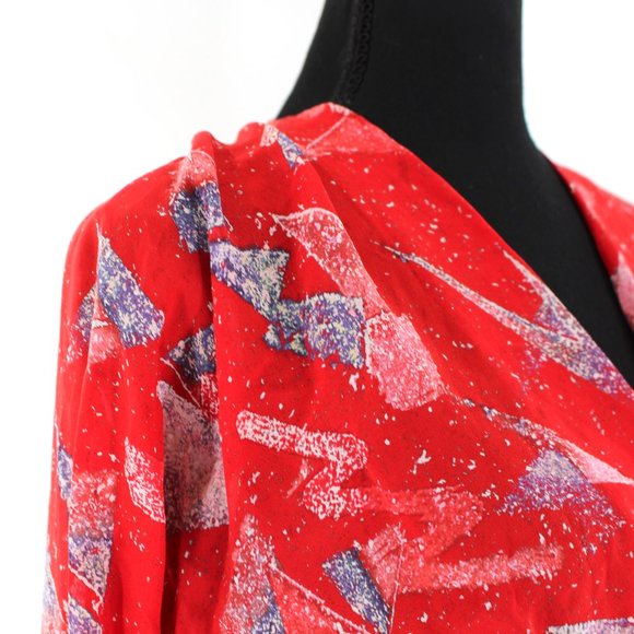 IRO Red Geometric Washable Silk Gabota Top V-Neck Long Sleeve Blouse 36 Small - Picture 3 of 10